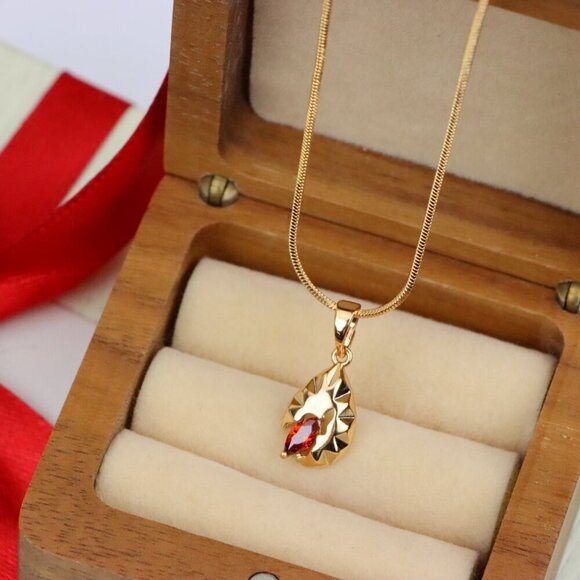 "Gold Teardrop Pendant with Marquise Red Stone and Textured Design, XPPT1722 - Picture 9 of 13